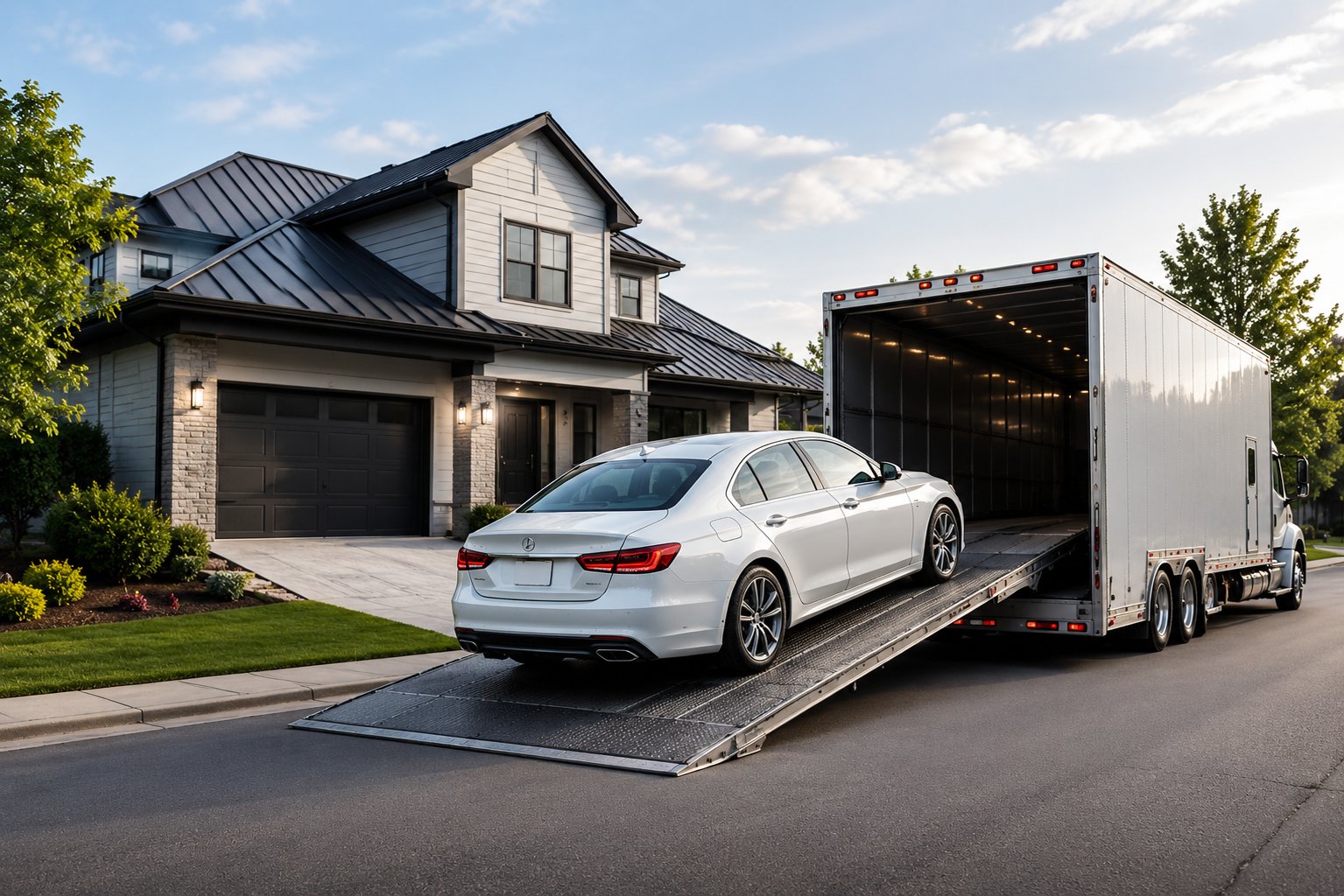 Car being loaded onto enclosed trailer at a residential home