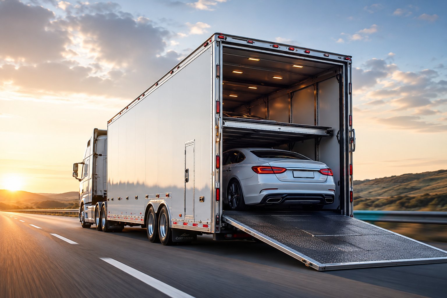 White enclosed auto transport trailer with car inside at sunset