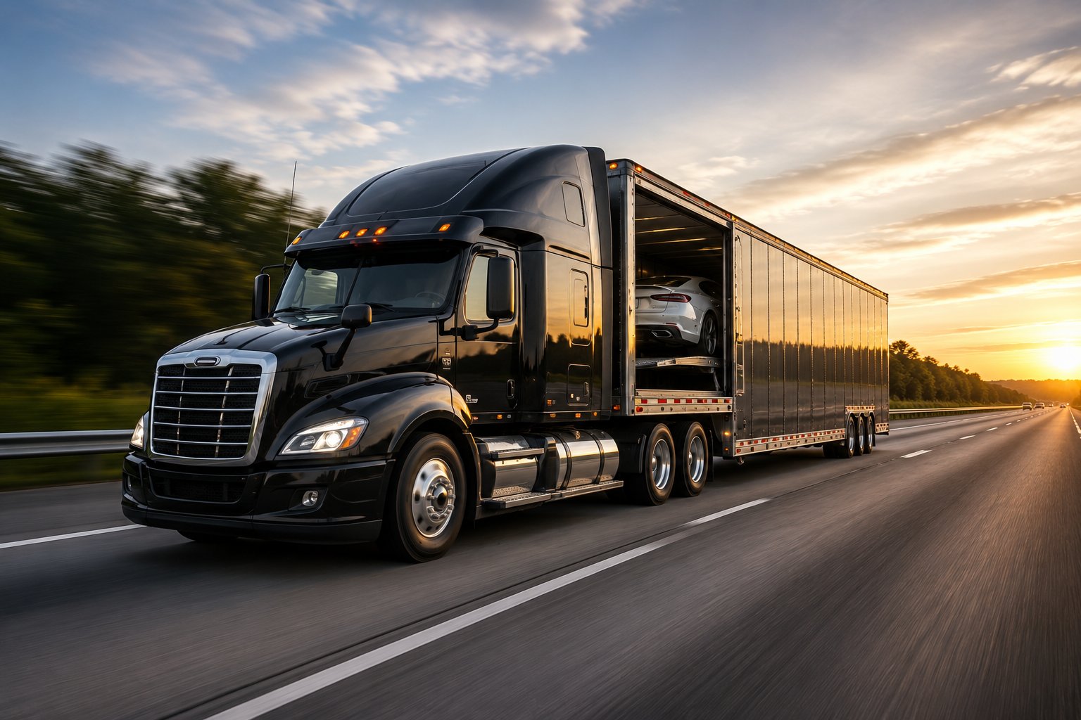 Black semi truck with enclosed trailer moving at speed on highway