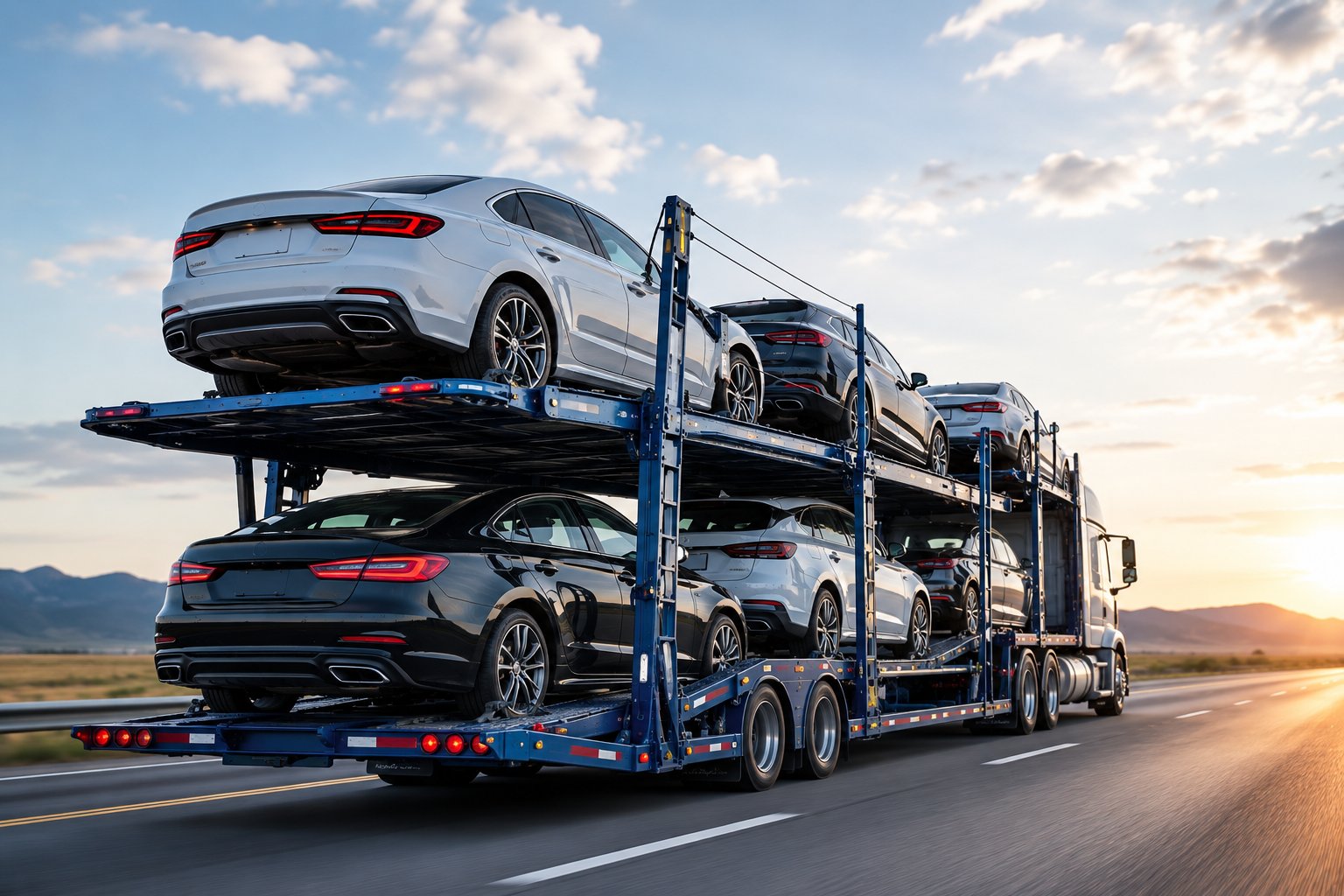 Open auto transport carrier with cars stacked on the highway